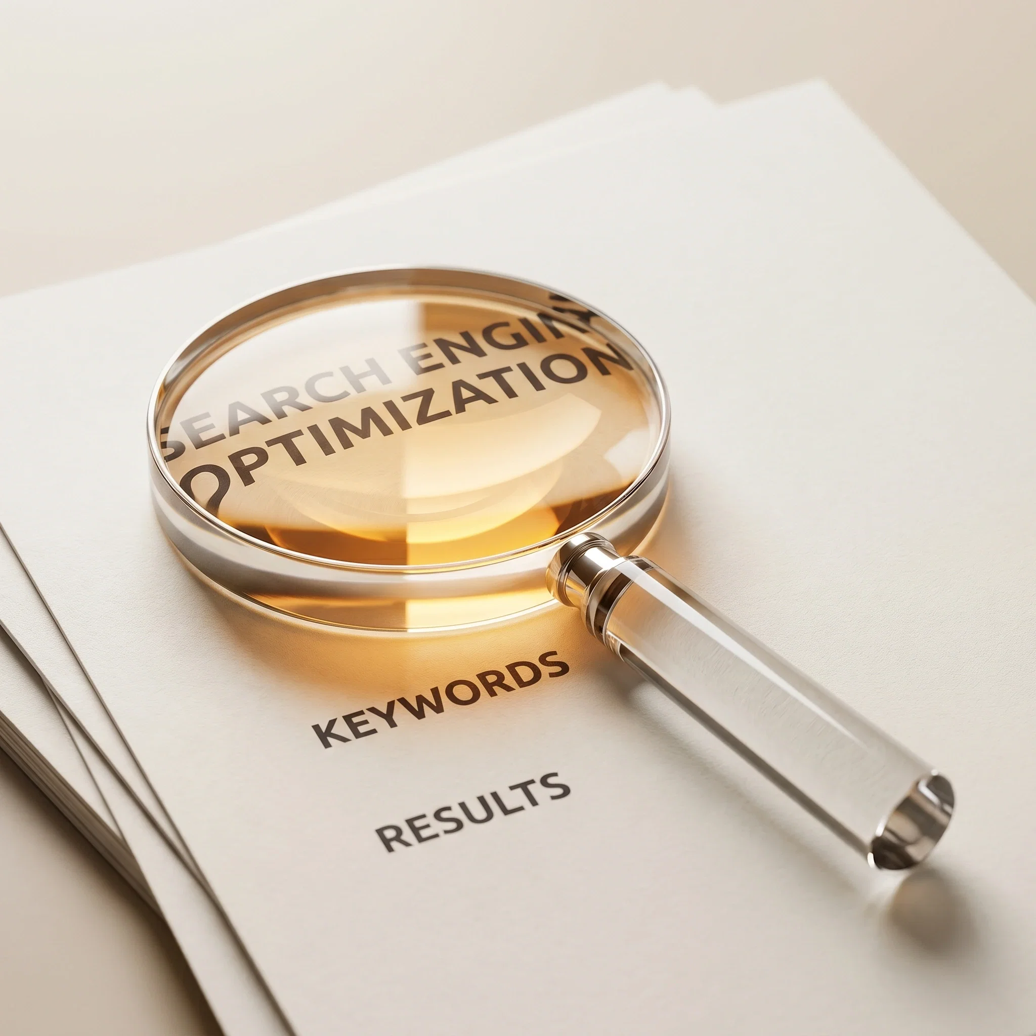 Glass magnifying glass over text representing advanced SEO and AI search optimization.