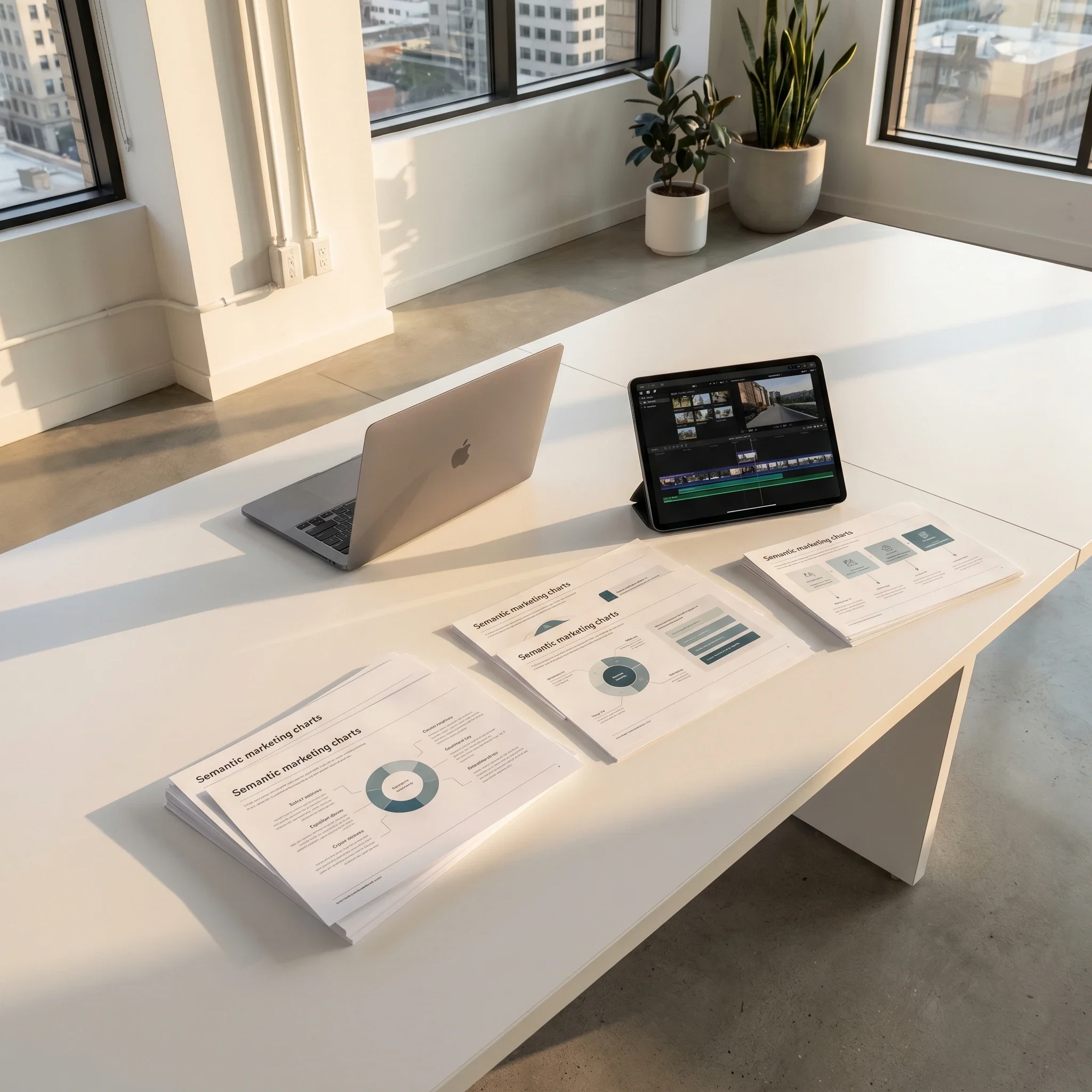 A bright, airy meeting room table with a laptop, a tablet, and physical storyboards arranged under soft natural light.
