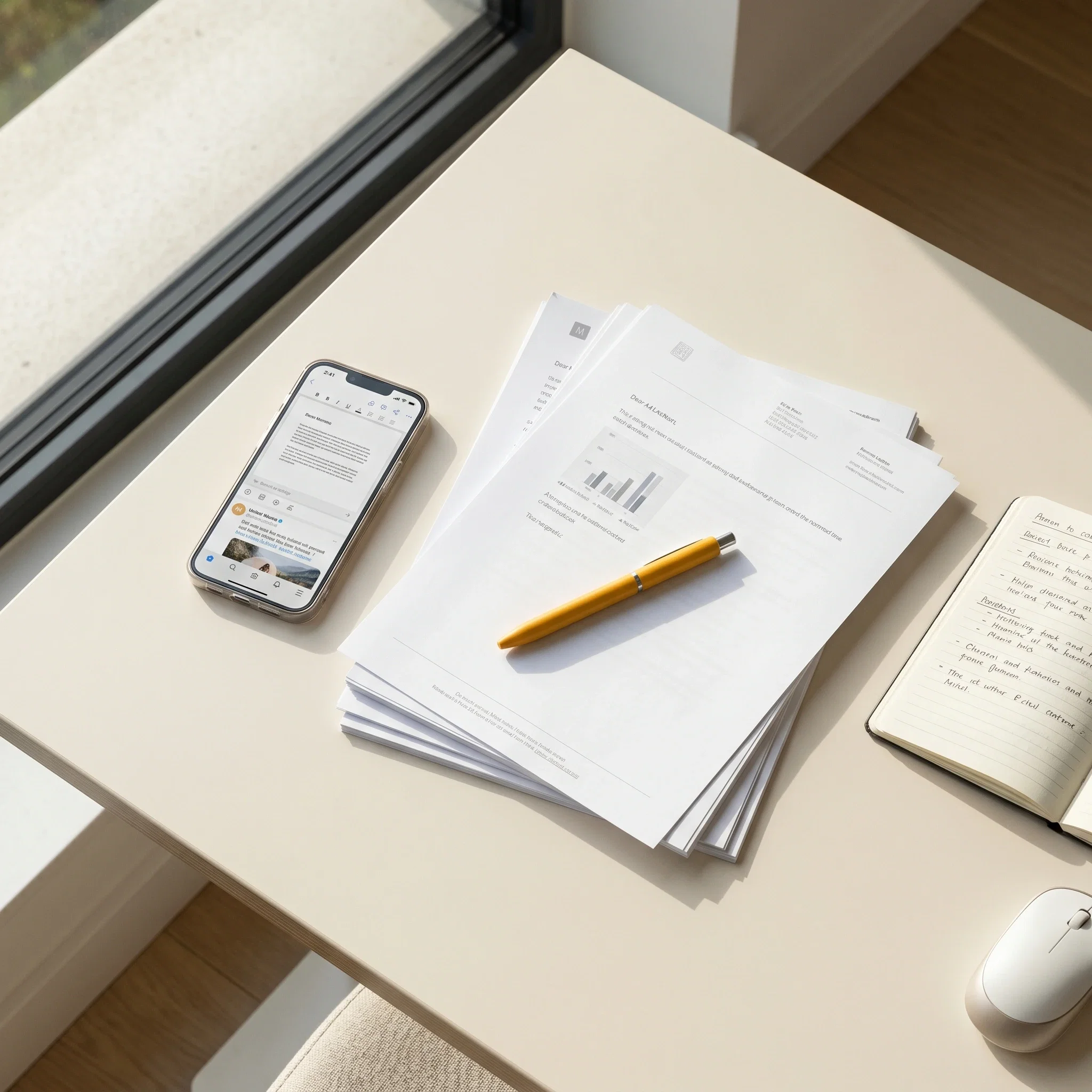 Organized documents and smartphone representing high-authority content marketing strategy.